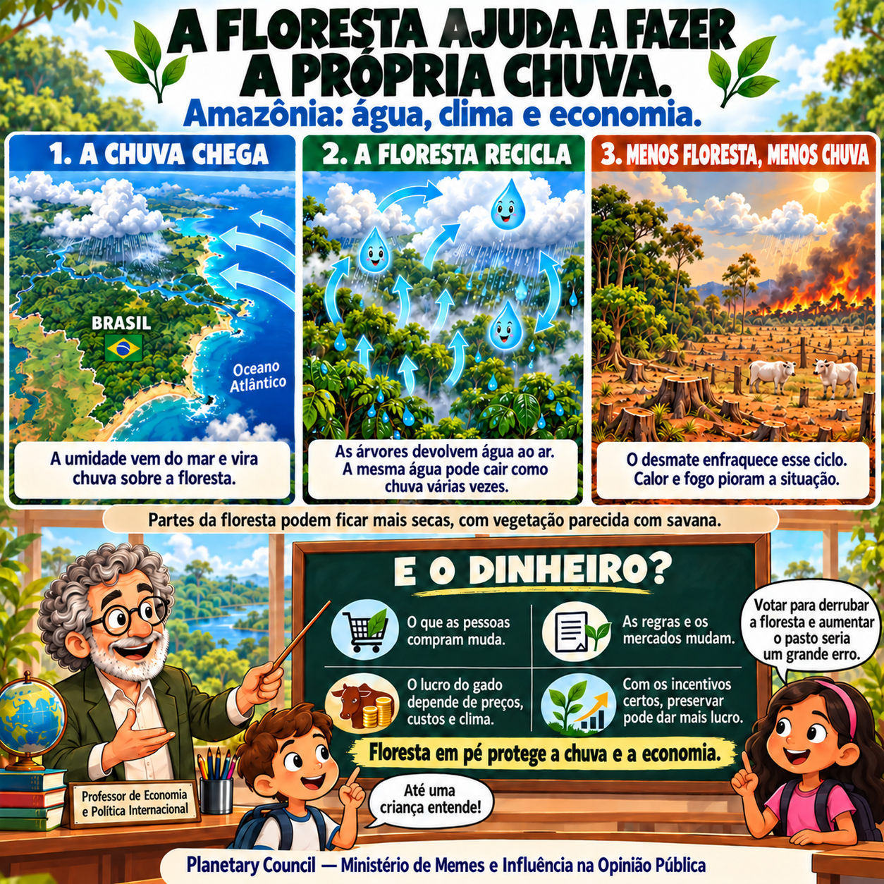 Infográfico em três painéis: 1) a umidade vem do mar e vira chuva sobre a floresta; 2) as árvores devolvem água ao ar e a mesma água cai como chuva várias vezes; 3) o desmate enfraquece esse ciclo, e calor e fogo pioram a situação. Abaixo, um quadro sobre economia: floresta em pé protege a chuva e a economia.