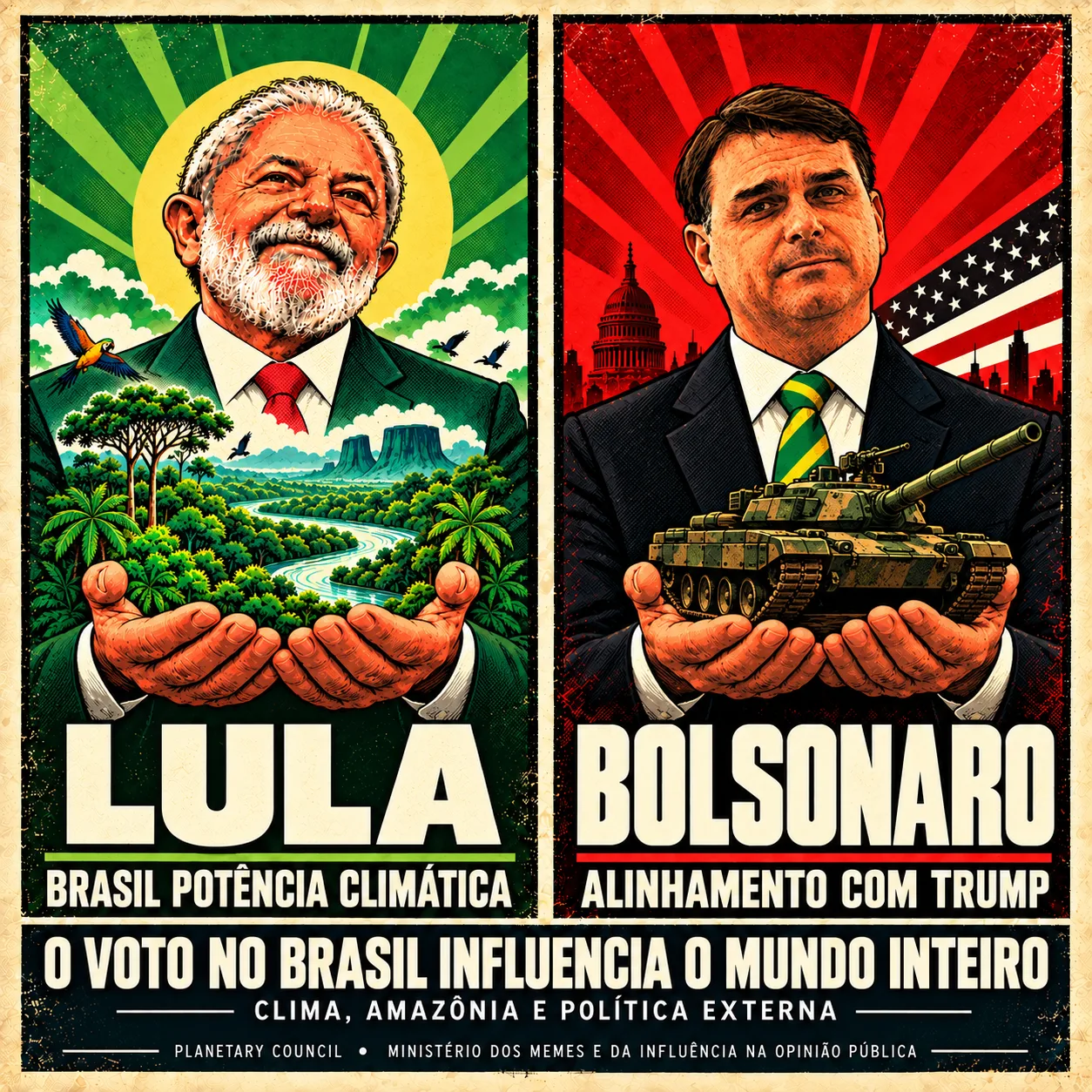 Cartaz em dois painéis: Lula com a floresta amazônica nas mãos sob o lema 'Brasil potência climática'; Flávio Bolsonaro sob o lema 'Alinhamento com Trump'. Rodapé: o voto no Brasil influencia o mundo inteiro.